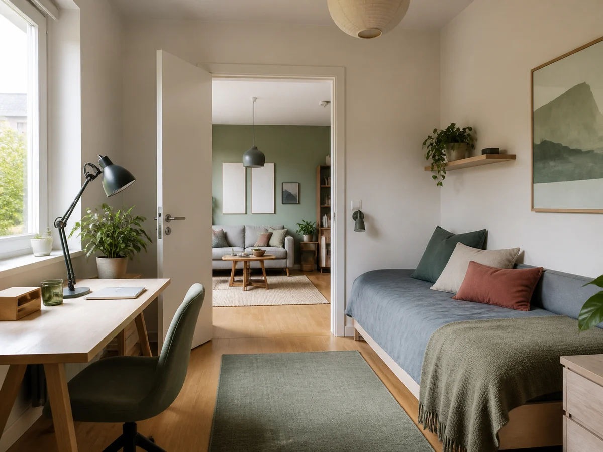 Zusätzliches Zimmer mit Arbeitsplatz und Gästebett, dahinter ein separates Wohnzimmer