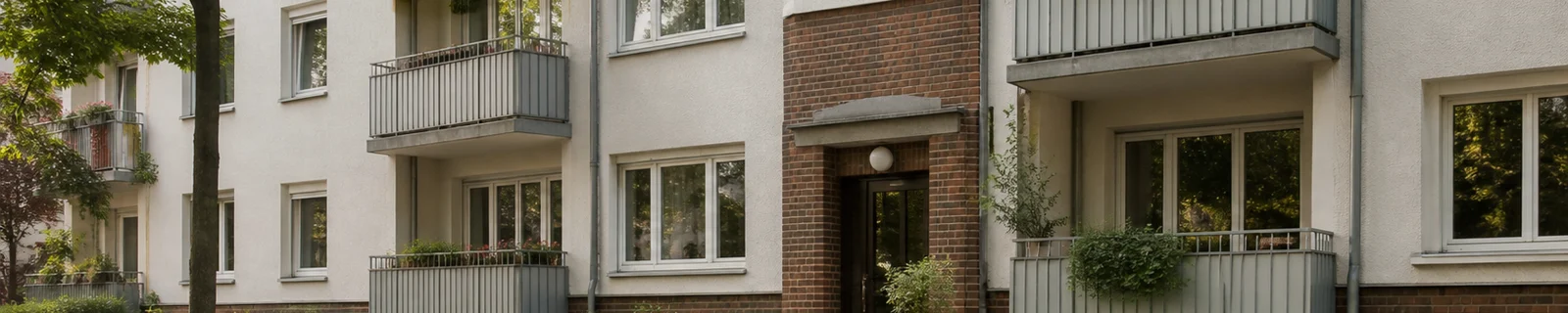 Fassade eines gepflegten deutschen Mehrfamilienhauses mit Balkonen
