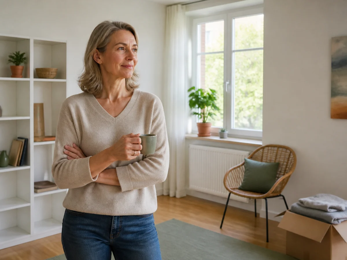 Eigentümerin in einem hellen, nur noch teilweise eingerichteten Zimmer ihrer Wohnung