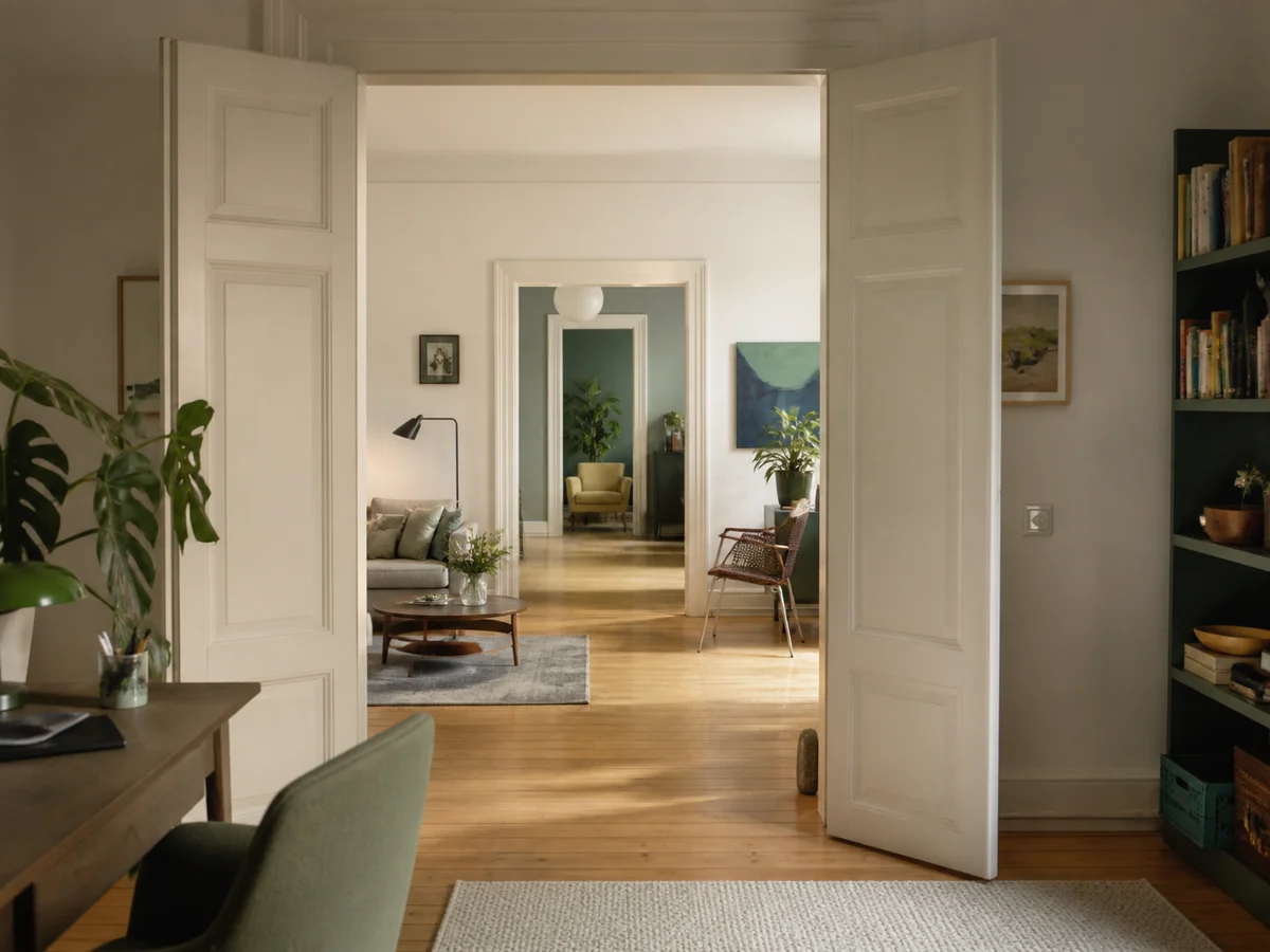 Blick aus einem Arbeitszimmer durch mehrere Räume einer hellen 4-Zimmer-Wohnung